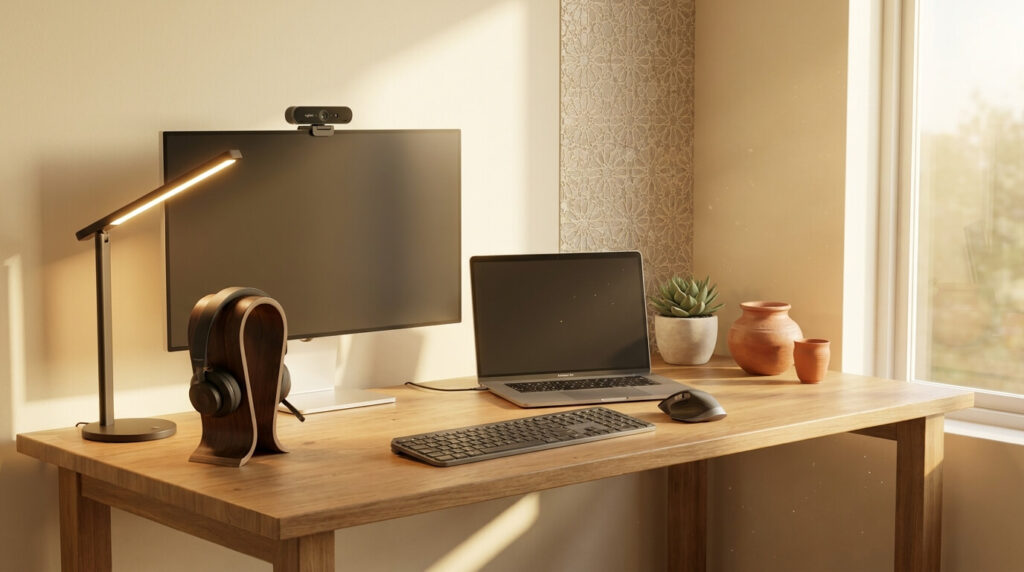 Home office desk setup with Logitech MX Keys S keyboard, MX Master 4 mouse, and BRIO webcam