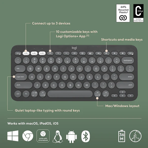 Logitech K380s Pebble Keys 2 Bluetooth Wireless Keyboard in Pakistan — Tonal Graphite, view 9 of 11
