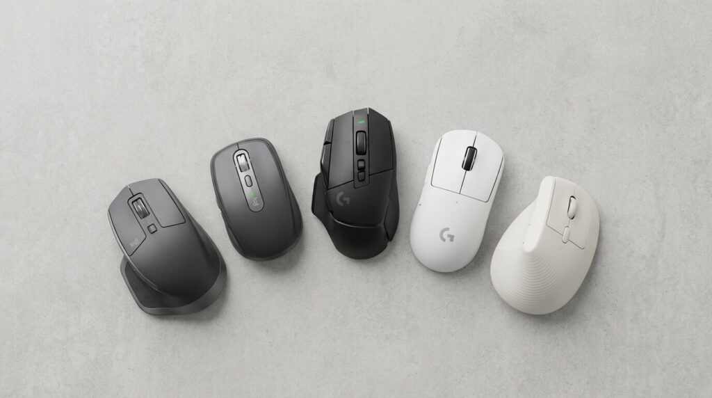 Lineup of Logitech mice including MX Master, G Pro Hero, Lift, and MX Anywhere