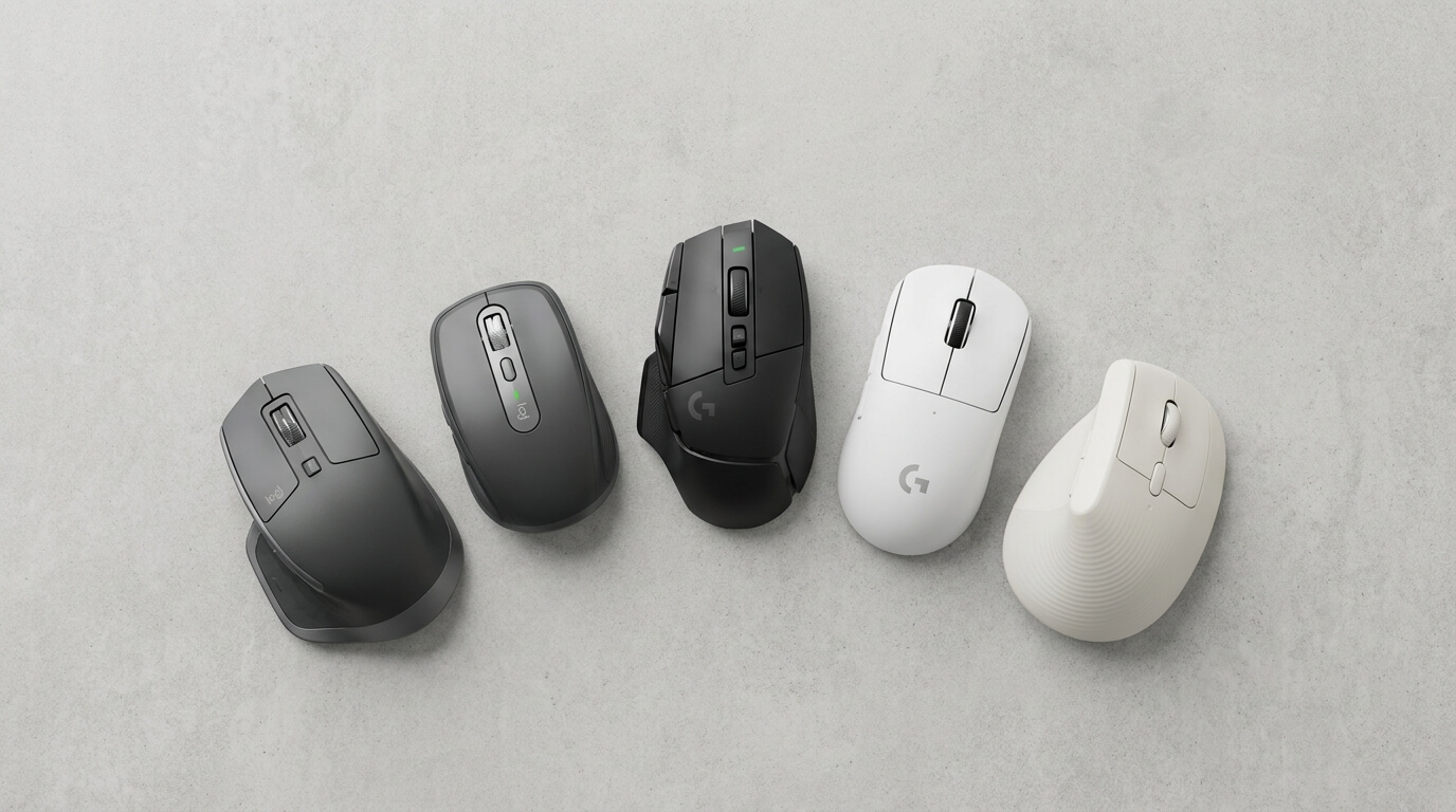 Lineup of Logitech mice including MX Master, G Pro Hero, Lift, and MX Anywhere