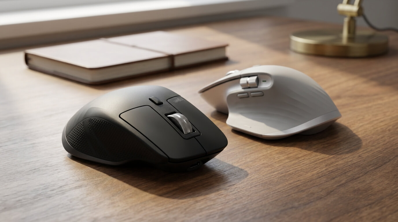 Logitech MX Master 4 and MX Master 3S wireless productivity mice on a desk
